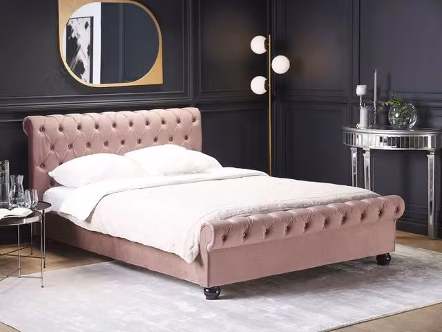 Letto Beliani rivestito in velluto rosa con gambe in legno di pioppo nero L/P: 180 x 200 cm – 1