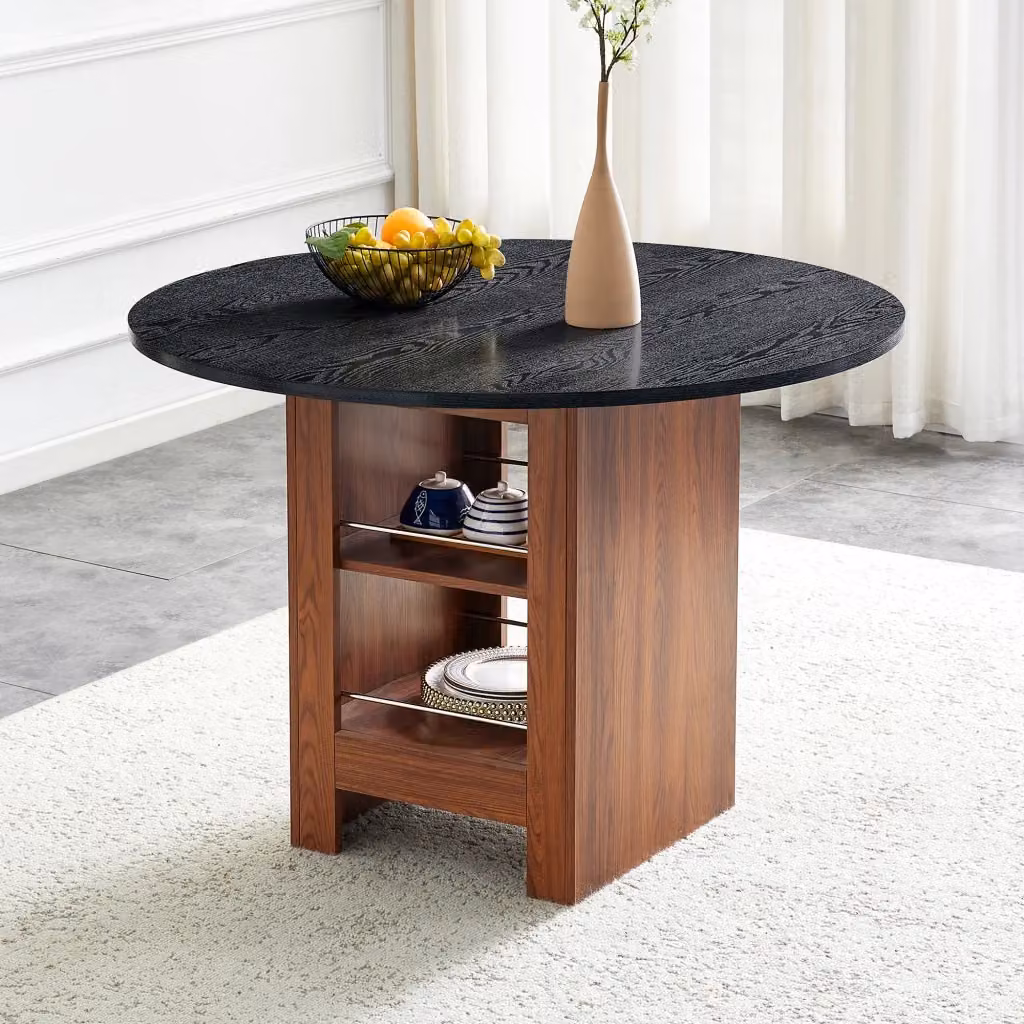 Tavolo rotondo moderno REDOM in MDF laminato nero e marrone con bordi arrotondati, Diametro: 100 cm, Altezza: 76 cm