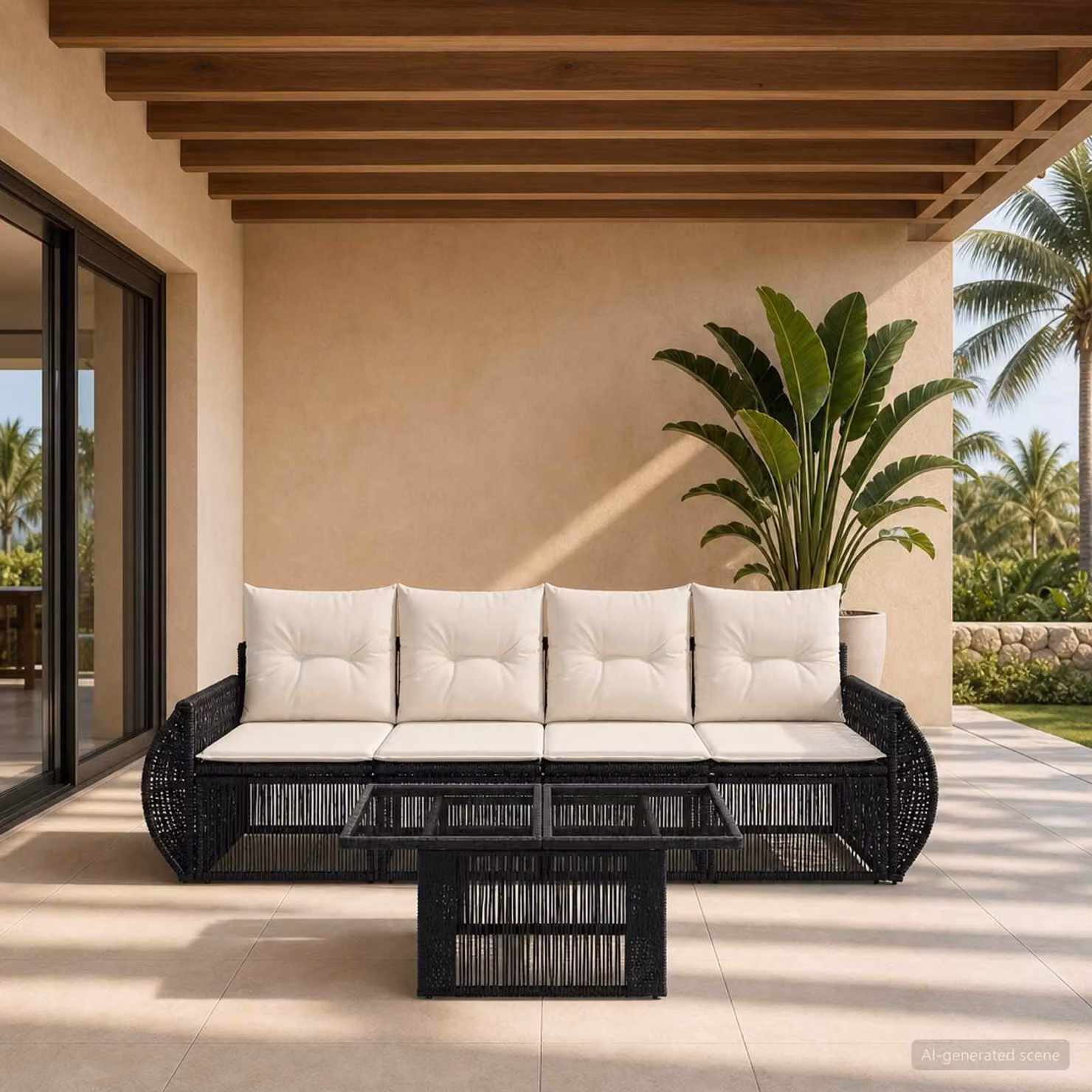 Set Divano da Giardino vidaXL 5 Pezzi Moderno in Polyrattan Nero e Bianco Crema con Tavolino e Cuscini Imbottiti