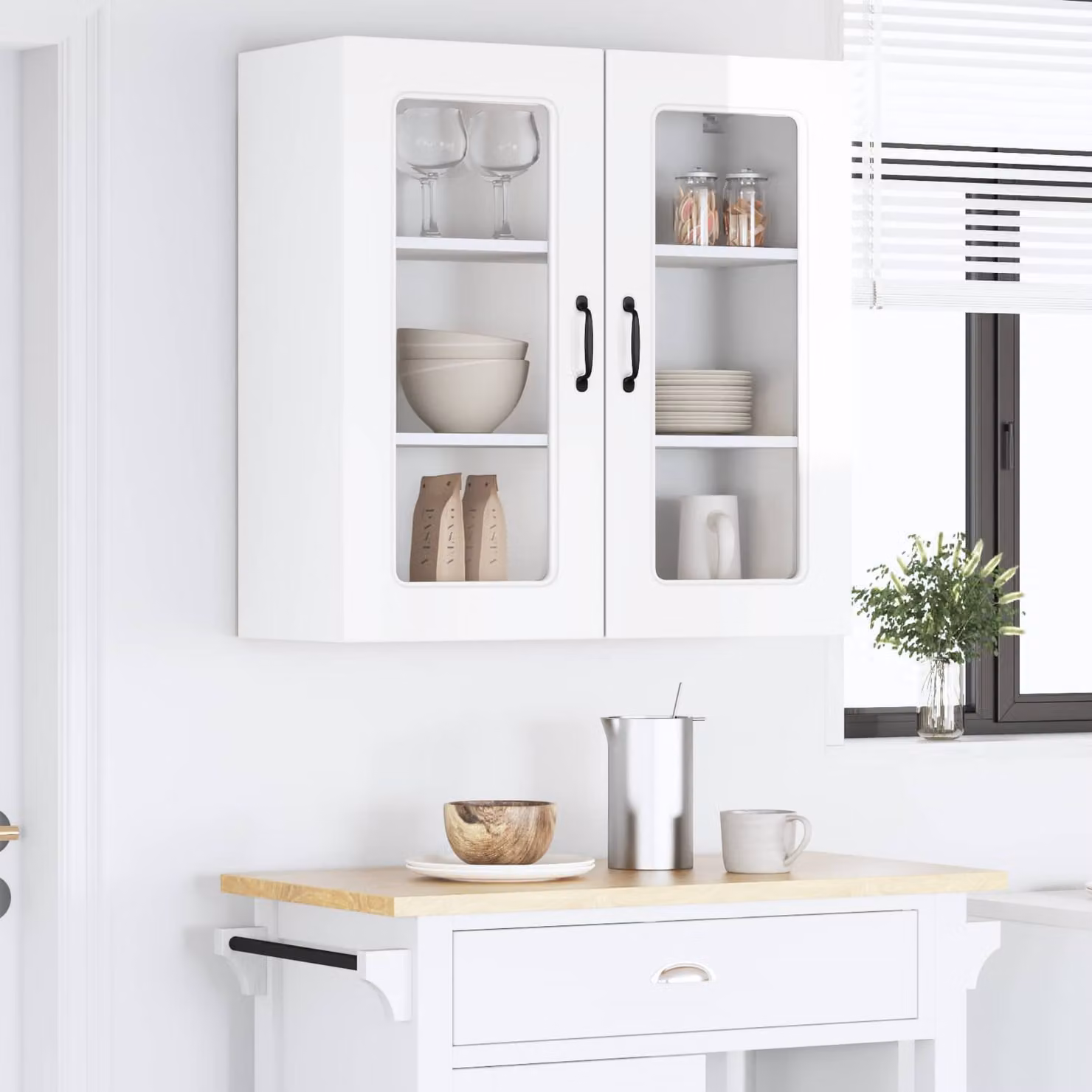 vidaXL Pensile da cucina Kalmar Bianco Lucido con ante in vetro e ripiani interni L/P/H: 80 x 31 x 80 cm