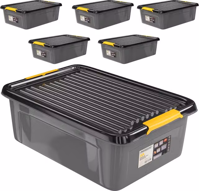 Set da 6 scatole portaoggetti impilabili MONZANA con coperchio, colori grigio, antracite e giallo, L/P/H: 58 x 39 x 16 cm – 1