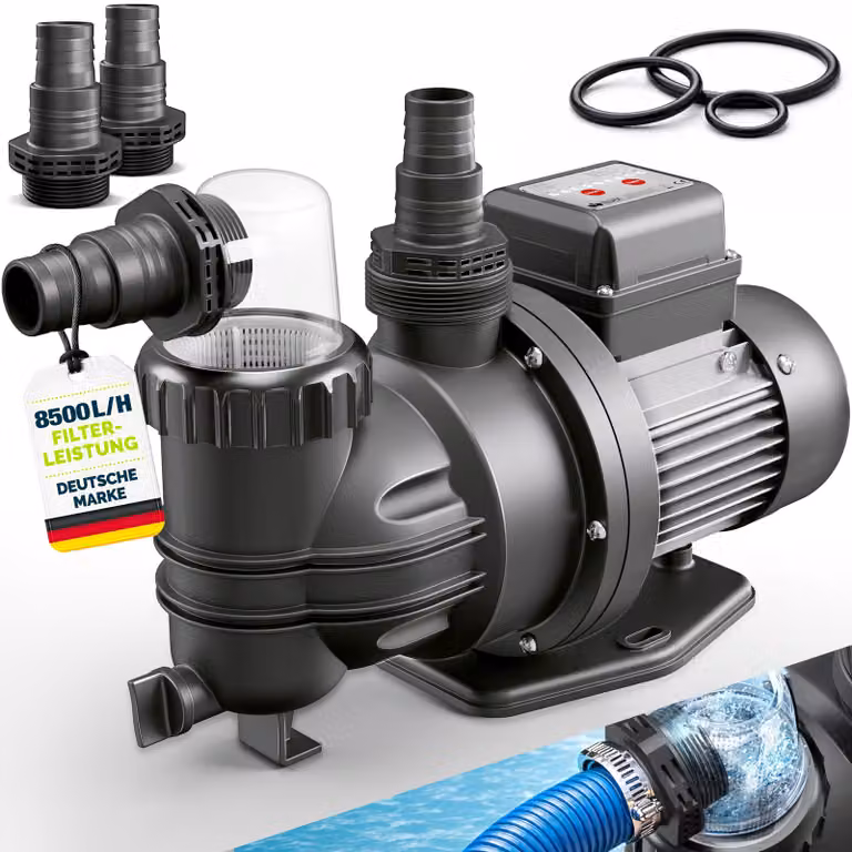 Pompa filtrante per piscina tillvex® con timer, 8.500 l/h e 450 W | Pompa per piscina con prevalenza max. 9 m | Pompa di ricircolo per piscine da 33 m³ | Pompa per piscina autoadescante per piscine fuori terra e spa con prefiltro