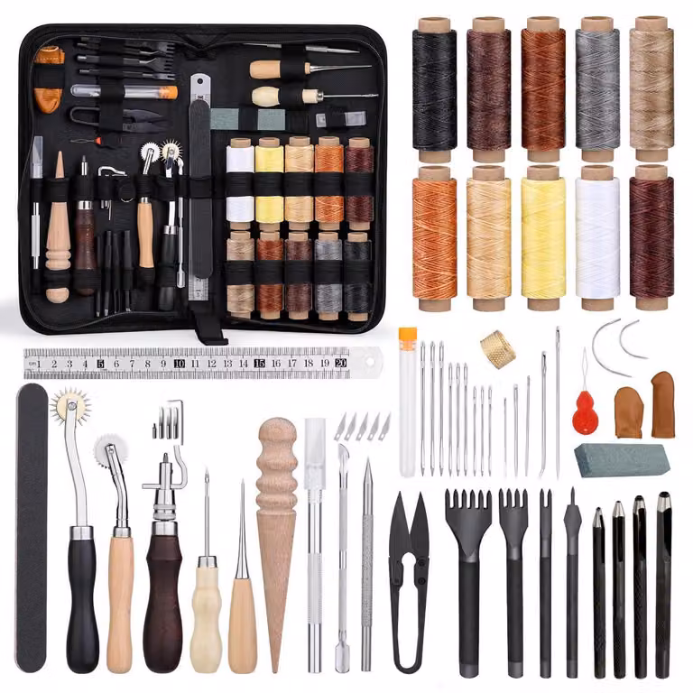 Kit da cucito in pelle da 57 pezzi, completo di 10 colori di filo cerato e strumenti