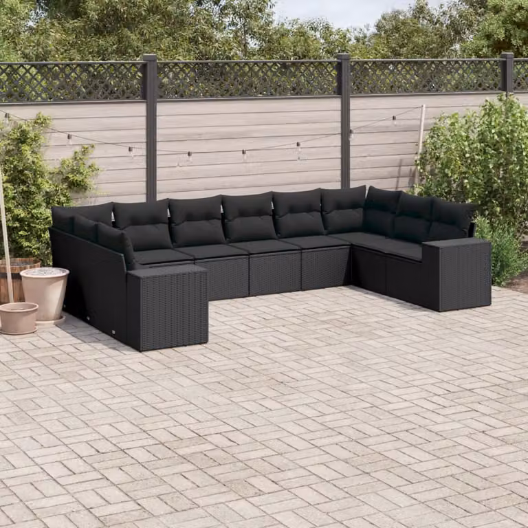 Set di divani da giardino vidaXL in polyrattan nero con cuscini inclusi