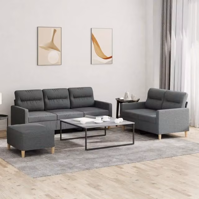 Set di divani moderno vidaXL in tessuto grigio composto da divano a 3 posti, divano a 2 posti e pouf con cuscini inclusi – 1