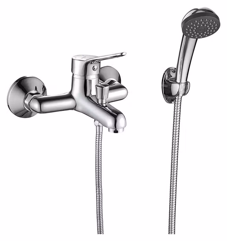 Set completo di rubinetteria per vasca e doccia da parete, marca FENE, finitura cromata