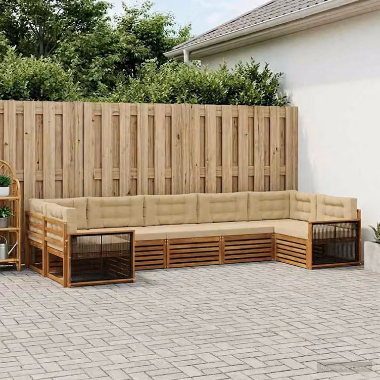 Set di divani da esterno vidaXL a forma di U composto da 7 pezzi in legno di acacia con cuscini beige e marrone