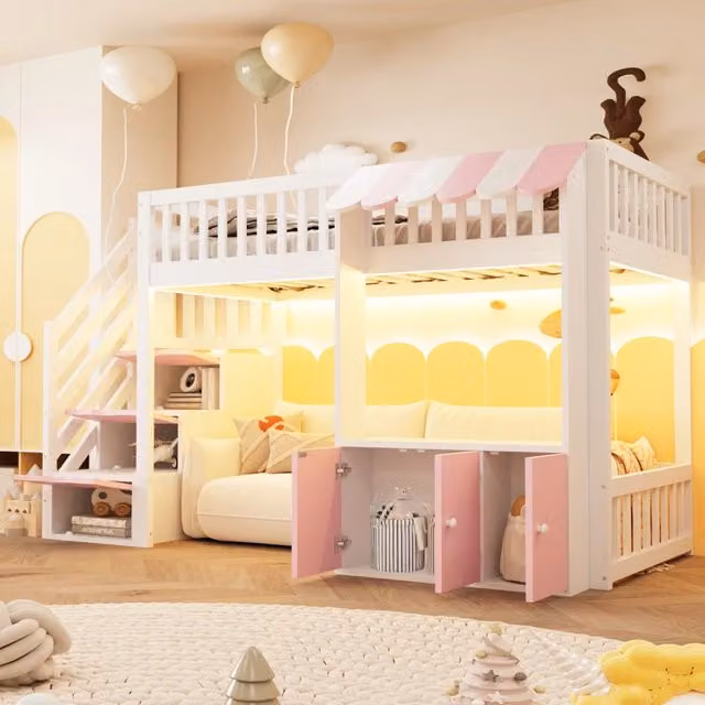 Letto a soppalco con cassetti e LED ¨C Minimal ¨C in legno rosa 90x200 cm con rete a doghe