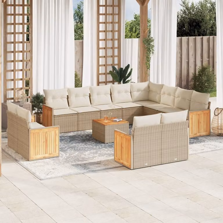 vidaXL Set Divano da Giardino 13 pz a forma di U con Cuscini Beige e Tavolino da Caffè in Polyrattan e Acciaio