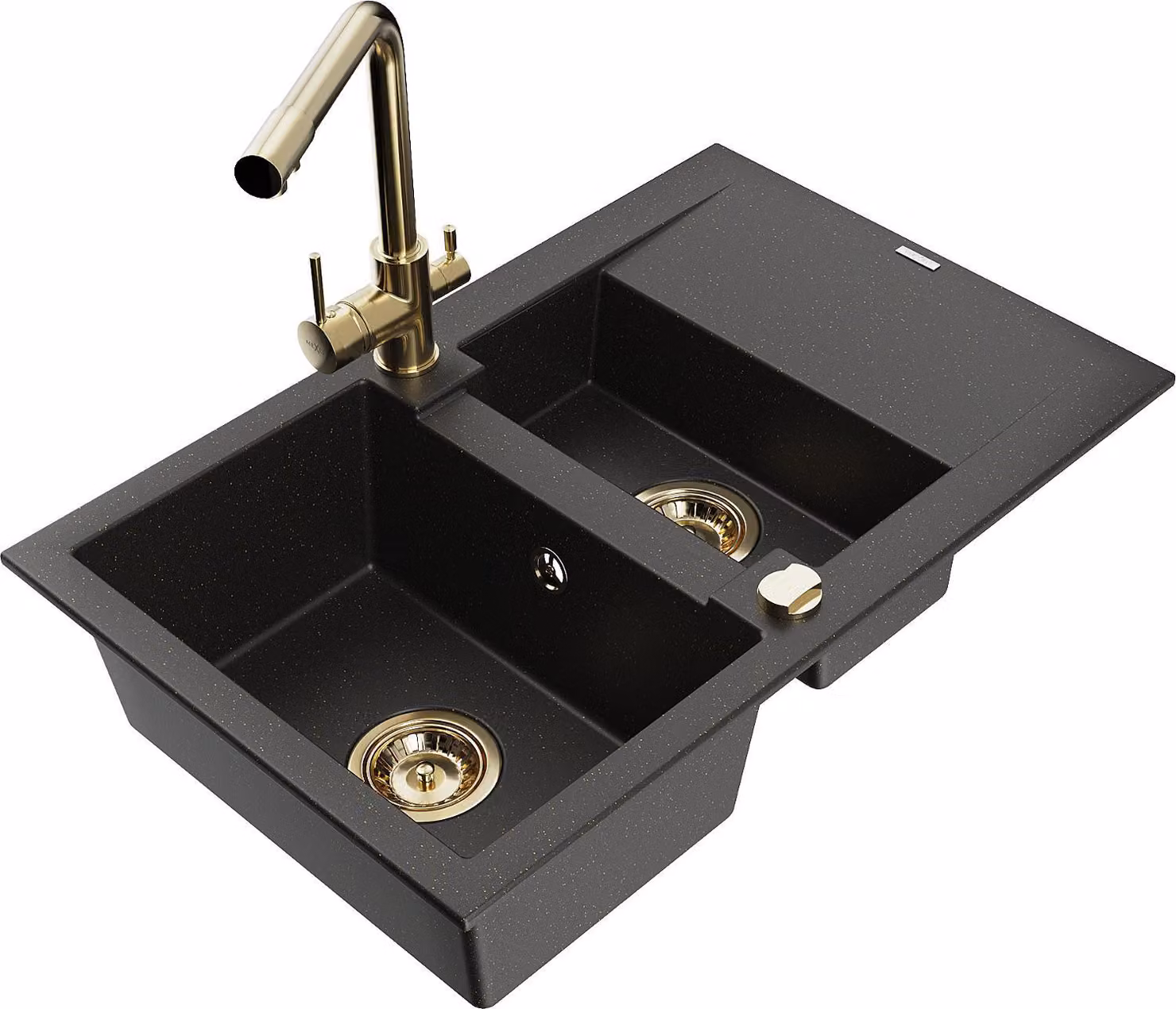 Mexen Gaspar lavello in granito a 1,5 vasche con scolapiatti e rubinetto da cucina Duero, nero/oro metallizzato