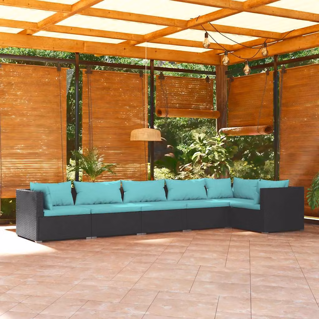 Set di divani da giardino vidaXL a forma di L composto da 6 pezzi con cuscini in tessuto blu e turchese e struttura in metallo nero