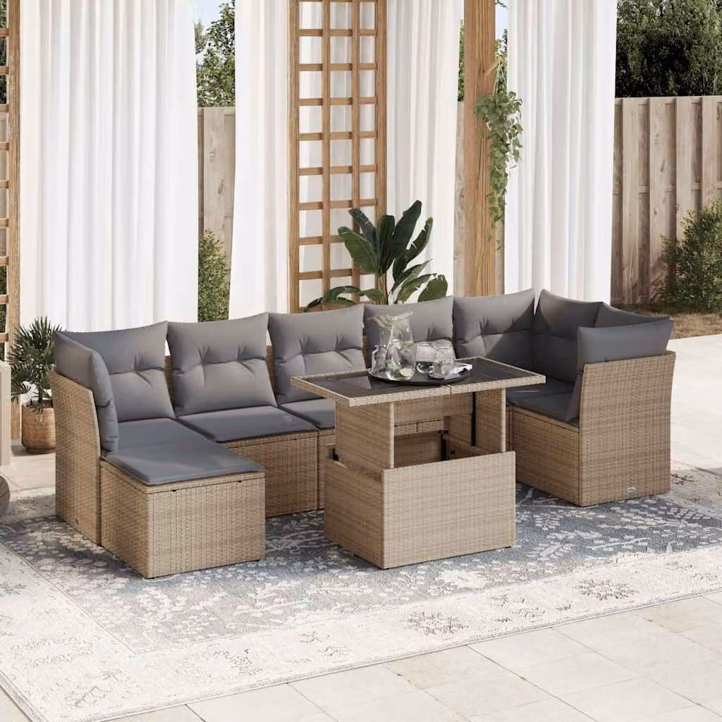 Set Divano da Giardino vidaXL 8 pz con Cuscini Beige e Tavolino in Polyrattan e Metallo