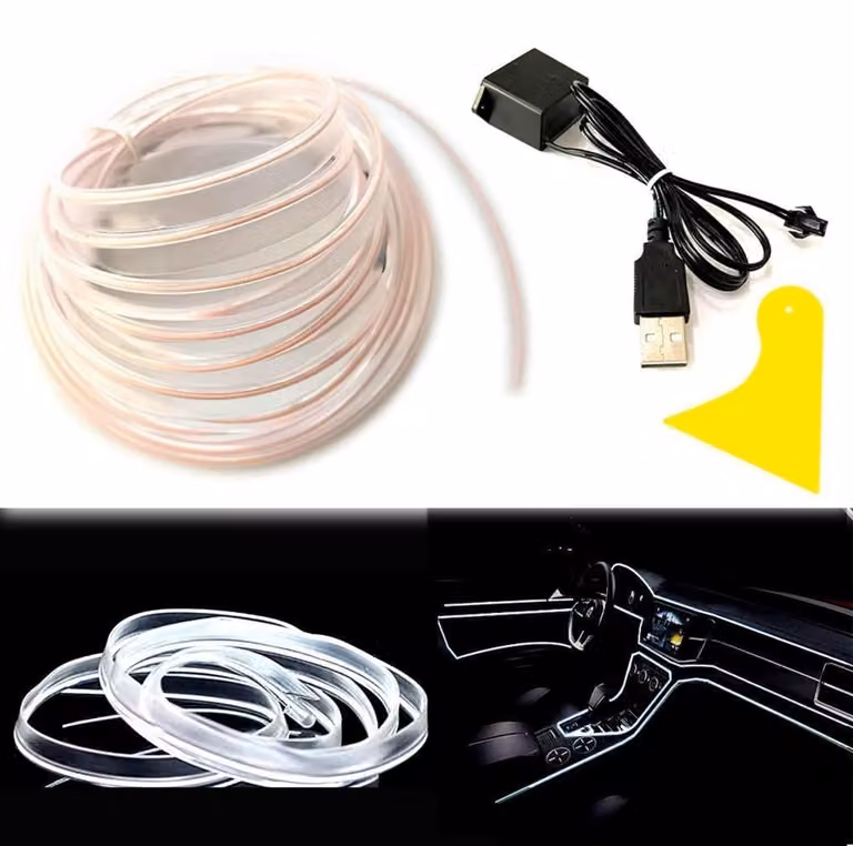 EL-Wire bianco, 5 metri, tubo al neon flessibile a corrente continua 5V, ideale per l'illuminazione decorativa degli interni dell'auto