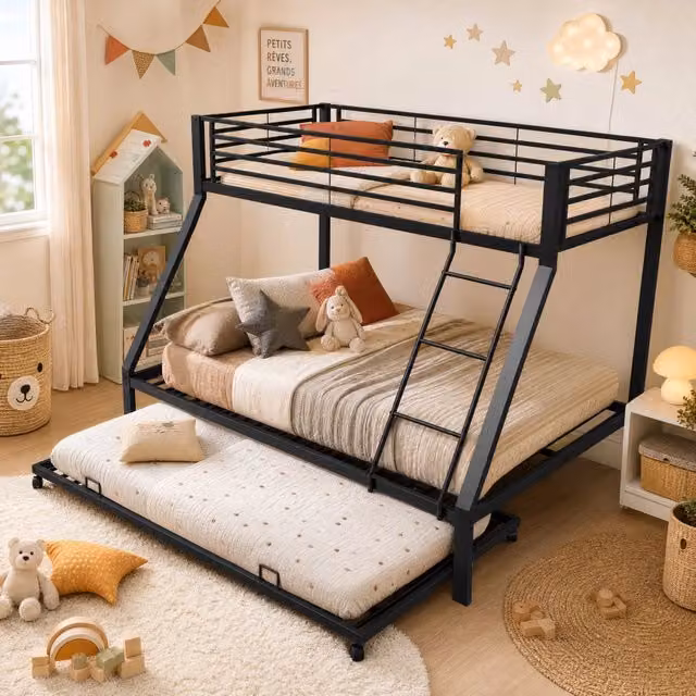 Letto a castello 3 posti 90 × 200 e 140 × 200 cm con letto estraibile 90 × 190 cm in metallo nero