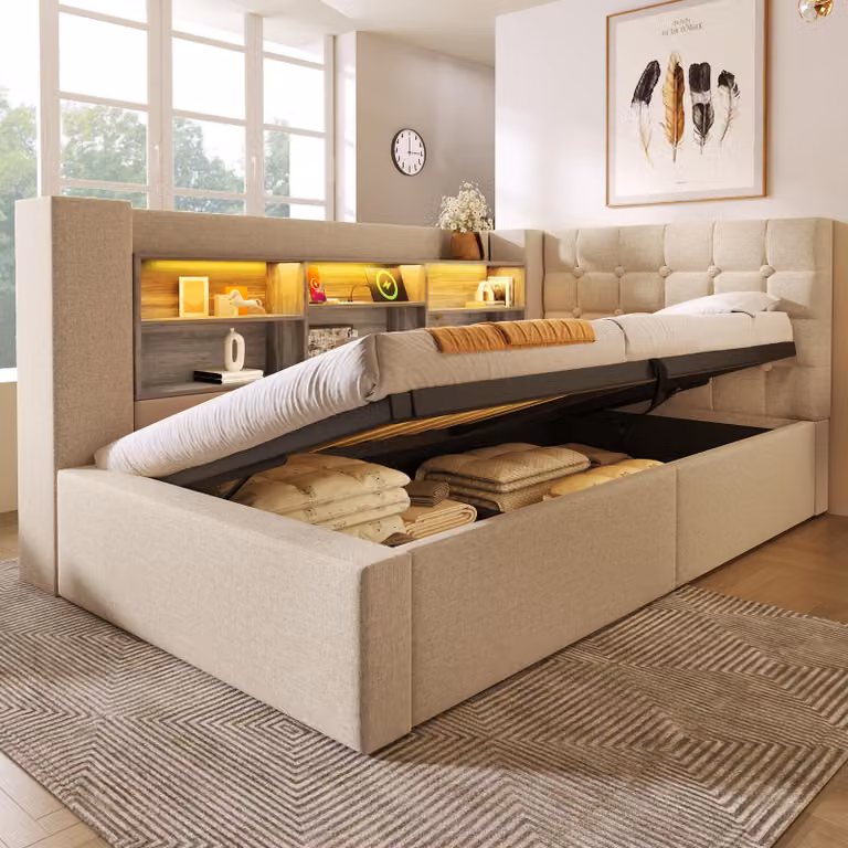 okwish Divano letto a L 90x200 letto singolo con illuminazione a LED e vani a giorno sulla parete posteriore, letto da giorno per ragazzi con rete, beige (senza materasso)