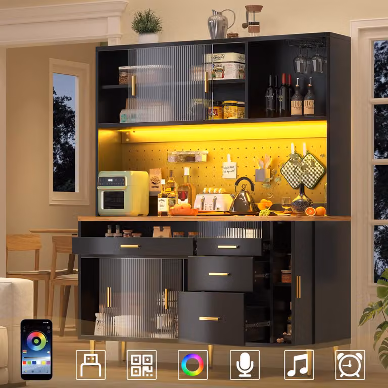 Armadio alto 145x24x171 cm nero con illuminazione a LED, porta scorrevole in vetro e ripiani forati, armadio stretto per soggiorno e cucina