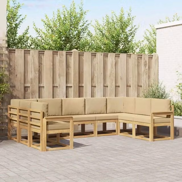 Set di divani da esterno a L vidaXL in legno di acacia con cuscini Bianco e Beige – 1