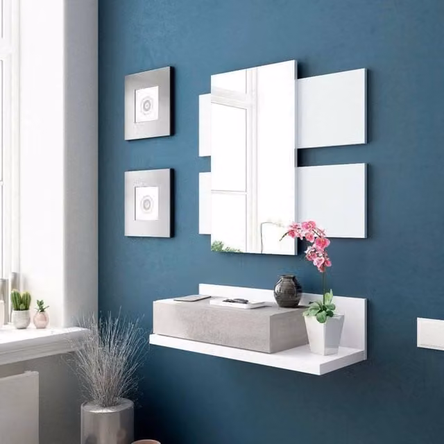 Mobile da ingresso sospeso DMORA con specchio e cassetto, Bianco e Grigio, L: 75 cm, P: 29 cm, H: 90 cm – 1