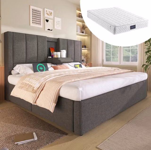 Letto contenitore 140x200 cm grigio in lino vano contenitore e ricarica USB, senza materasso