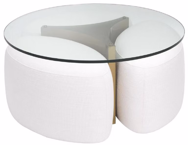 Tavolino Casa Padrino bianco/ottone antico Ø 104 x H. 46,5 cm - Tavolo da salotto rotondo in acciaio inox con piano in vetro e 3 eleganti sgabelli - Mobili da salotto - Mobili