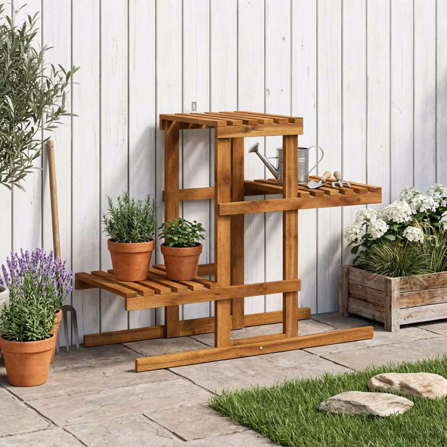 vidaXL Supporto per piante moderno in legno di acacia non trattato, beige/marrone, L 82 cm x P 36 cm x H 60 cm