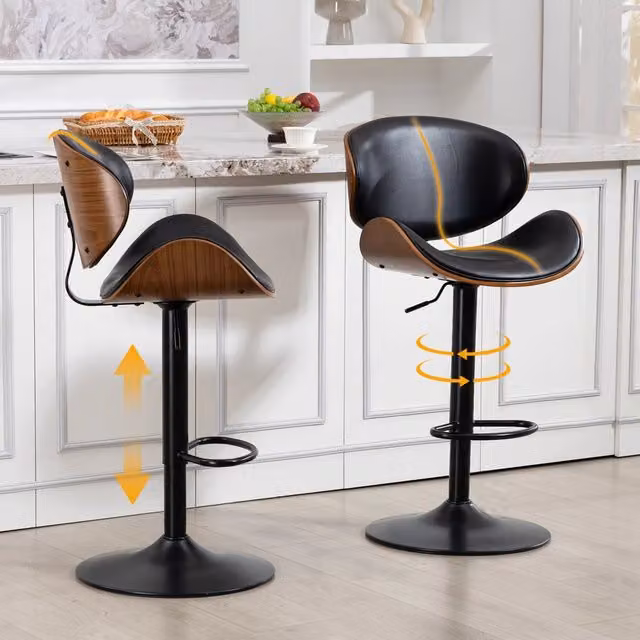Sgabello da bar girevole OKWISH con schienale ergonomico e poggiapiedi in ecopelle nera