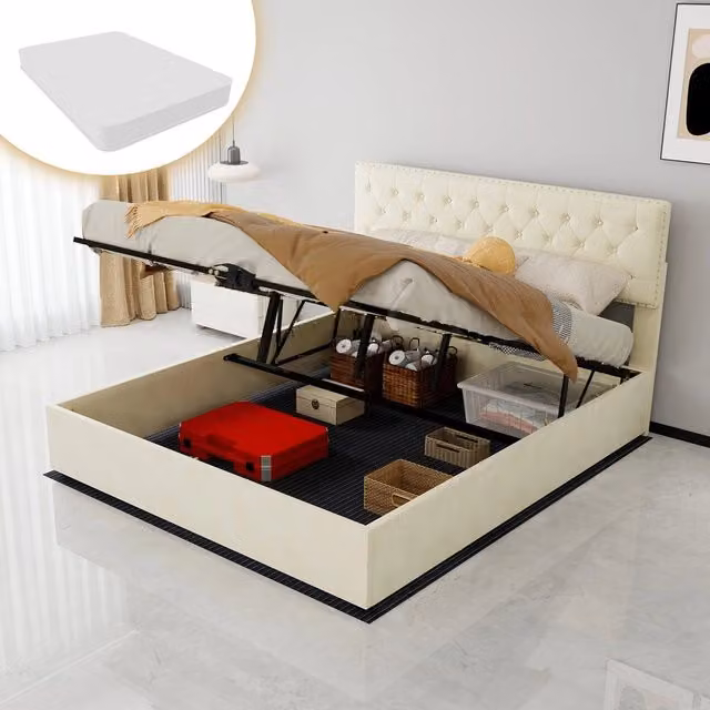 Letto Contenitore Imbottito con Materasso ¨C MINIMAL ¨C Velluto Beige 160x200