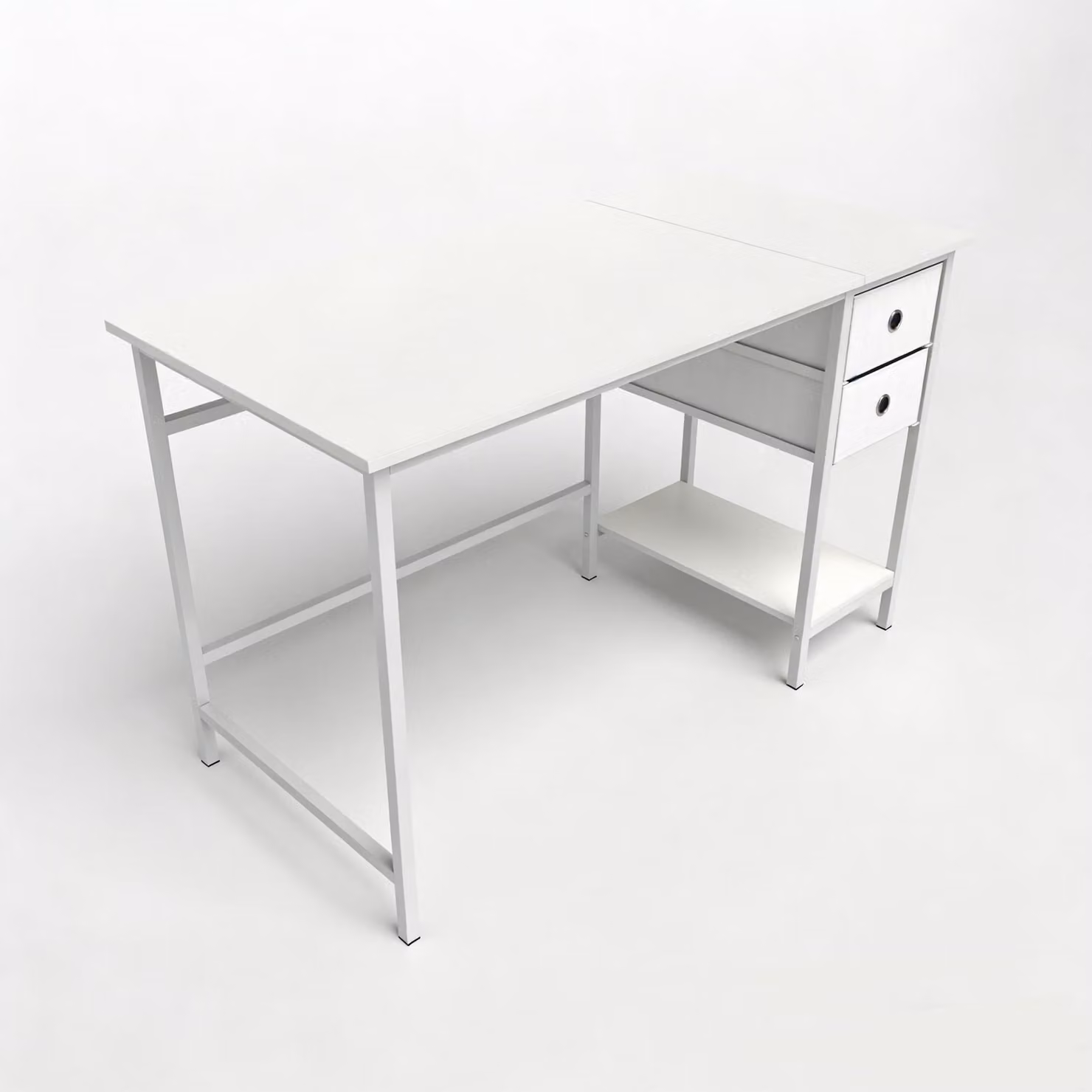 KOMFOTTEU Scrivania da ufficio, scrivania con 2 cassetti in tessuto e ripiano, tavolo da lavoro con struttura in metallo e 2 dispositivi antiribaltamento, scrivania per computer per studio, ufficio, home office, 120 x 60 x 75 cm, bianco/nero