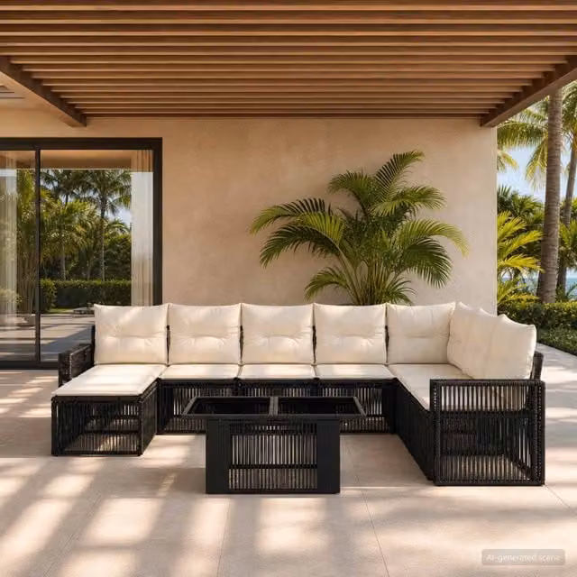 Set Divano da Giardino 9 pz Nero e Bianco Crema polyrattan 3436834