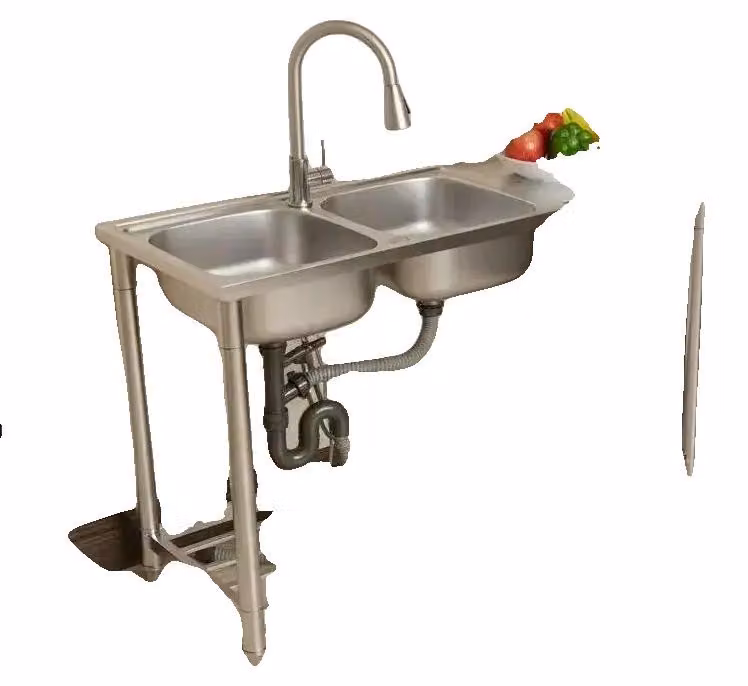 Lavello da cucina, acciaio inossidabile, doppio vano, da appoggio, rubinetto con rotazione a 360°, capacità di carico 150 kg