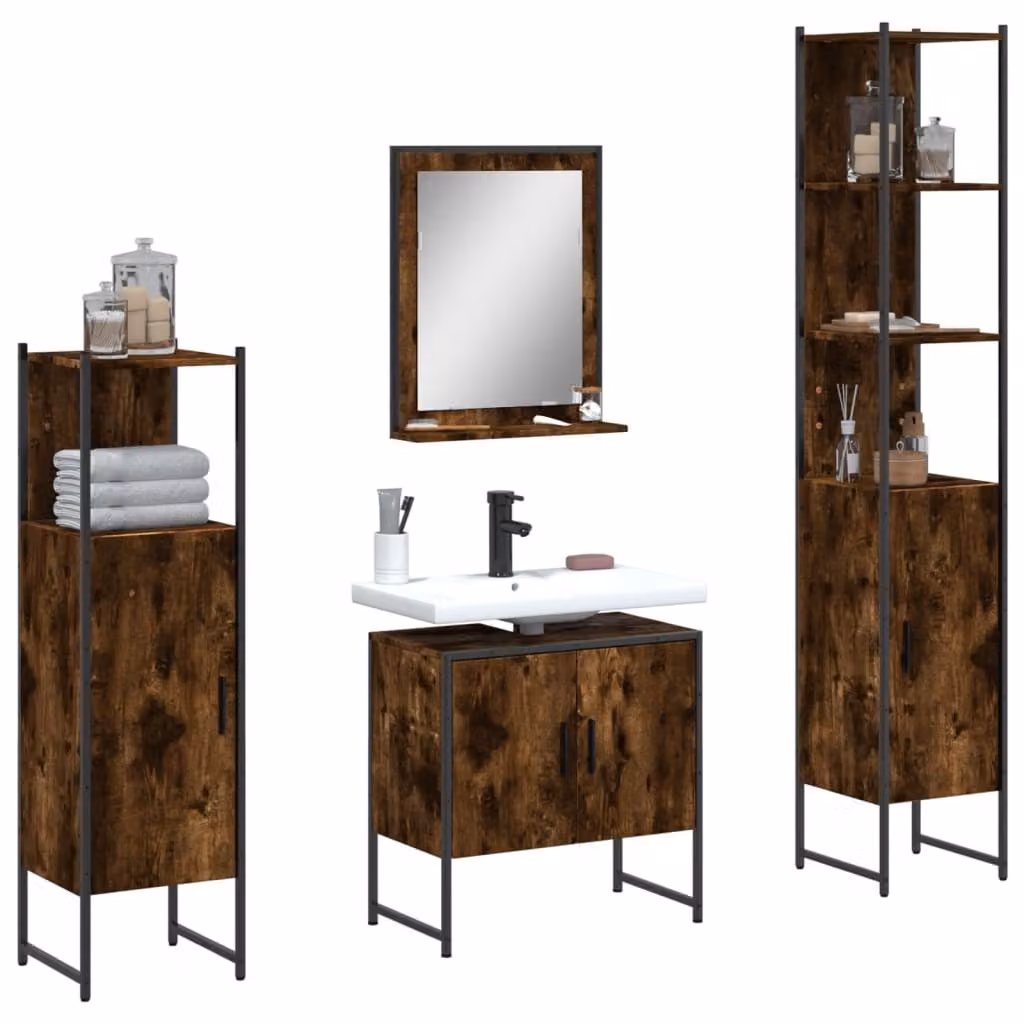 Set di mobili da bagno vidaXL 4 pezzi in stile industriale color marrone con vanità e pensili in legno e metallo