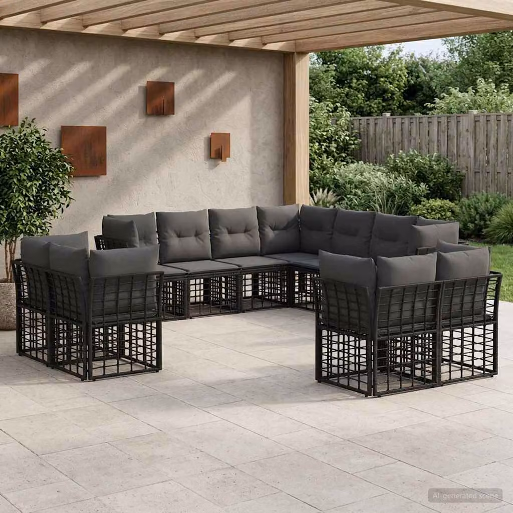 Set di divani da esterno a L vidaXL in stile moderno con struttura in metallo nero e cuscini grigi per giardino e terrazza