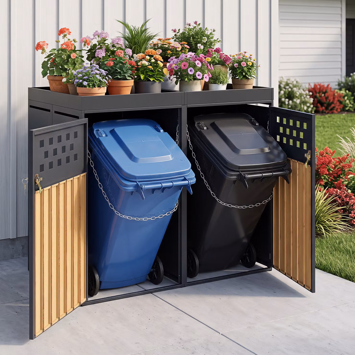 Copribidone esterno Costway con fioriera integrata e serratura, casetta per spazzatura in acciaio zincato per giardino e cortile, colore antracite o nero