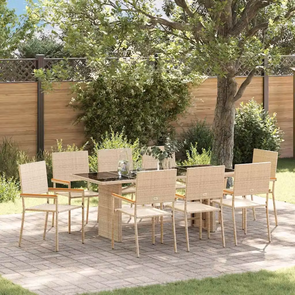 Set da pranzo per giardino e terrazzo vidaXL in polyrattan beige e marrone con tavolo in vetro e legno di acacia, 9 pezzi – 1