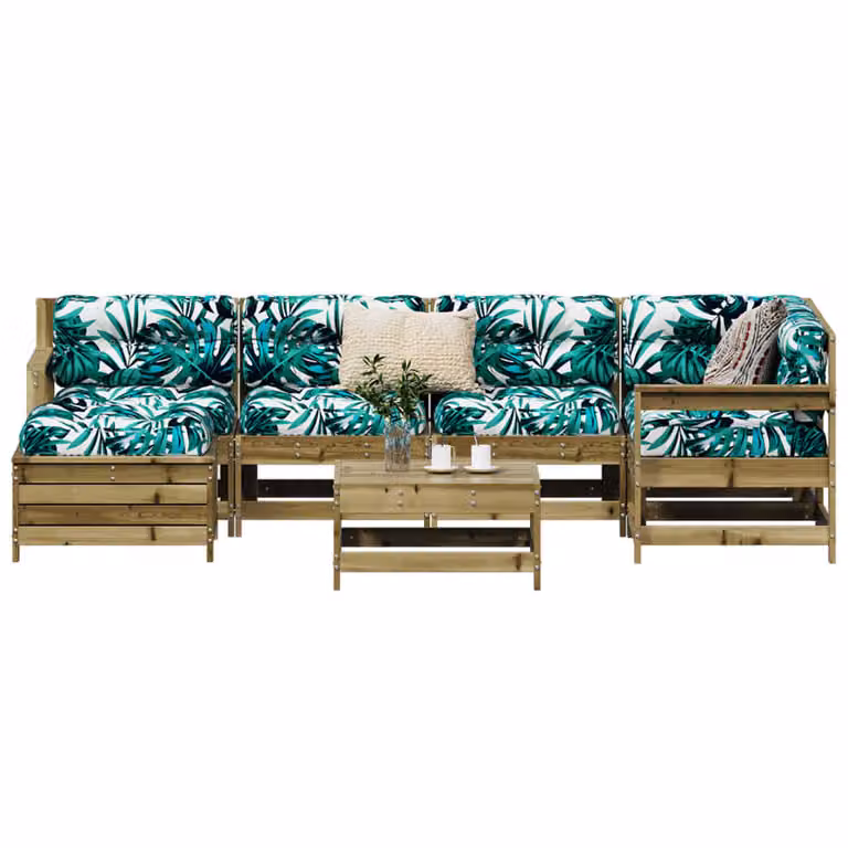 vidaXL Set di Divani da Giardino a L in Legno di Pino Impregnato con Cuscini, 7 Pezzi, Marrone e Verde