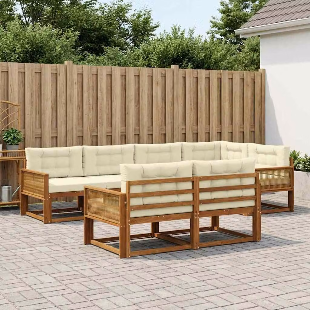 Set di divani da esterno vidaXL a forma di U composto da 8 pezzi in legno di acacia trattato, colore beige e bianco con cuscini inclusi