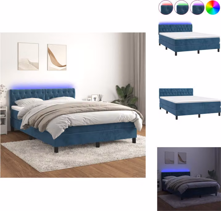 vidaXL Letto a molle con materasso e LED in velluto blu scuro 140x200 cm - Letti & strutture letto
