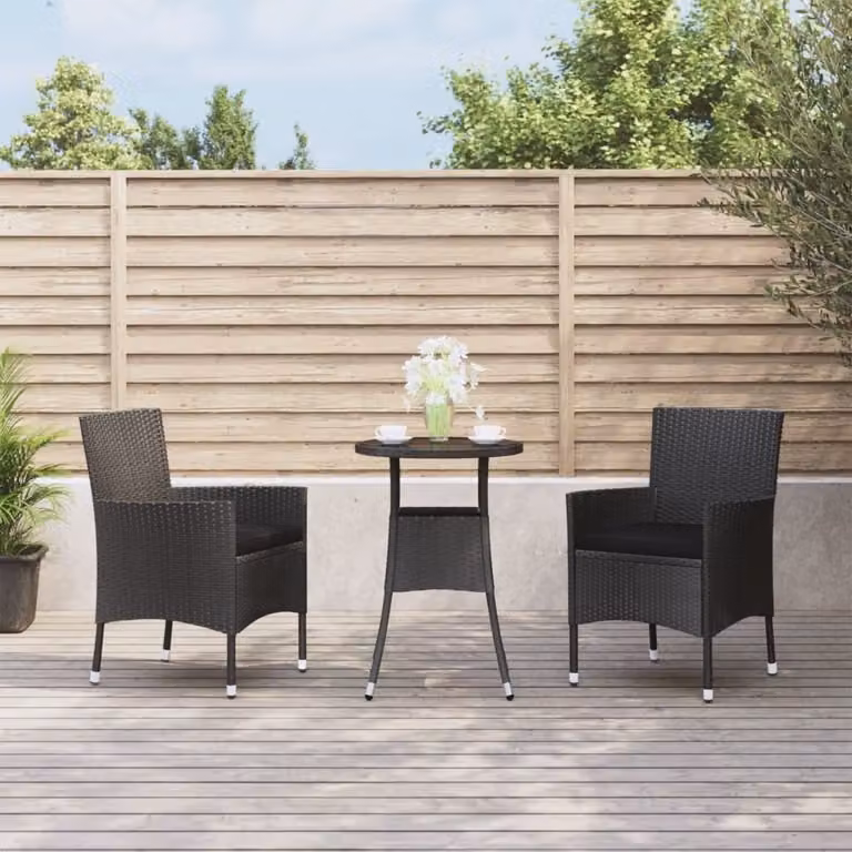 The Living Store Set da giardino bistrot 3 pezzi con cuscini in poly rattan nero
