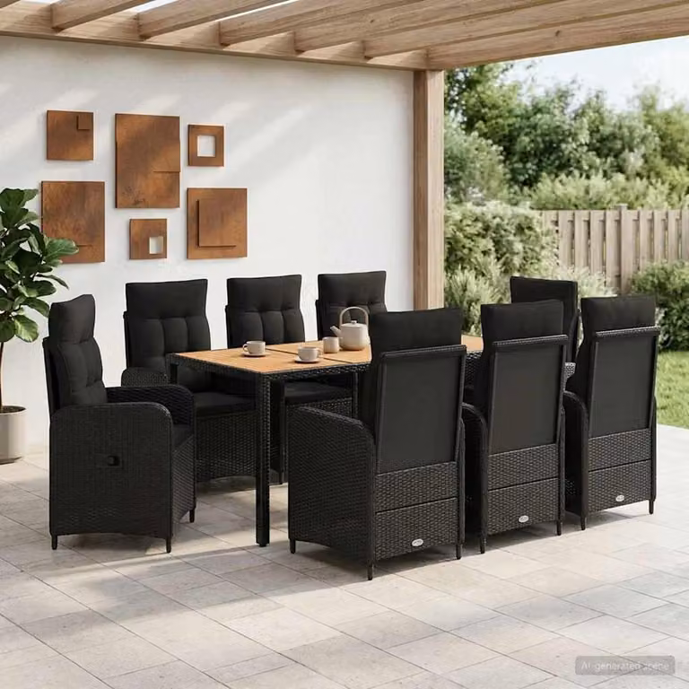 Set da pranzo per esterni vidaXL in polyrattan e legno di acacia nero, 9 pezzi