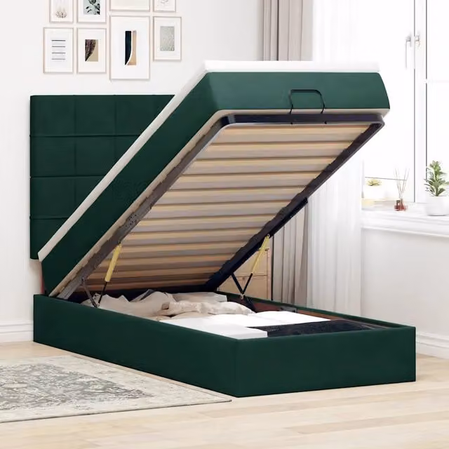 Letto con contenitore a sollevamento vidaXL in velluto verde con porta USB e illuminazione sottostante L: 193 cm, P: 140 cm, H: 90 cm