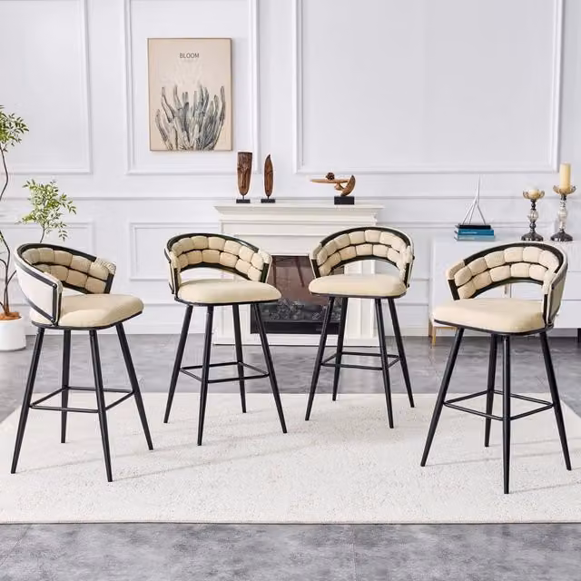 Sgabello da bar in velluto con schienale intrecciato e poggiapiedi, struttura in metallo beige nero 56.0 × 50.5 × 98.5 cm