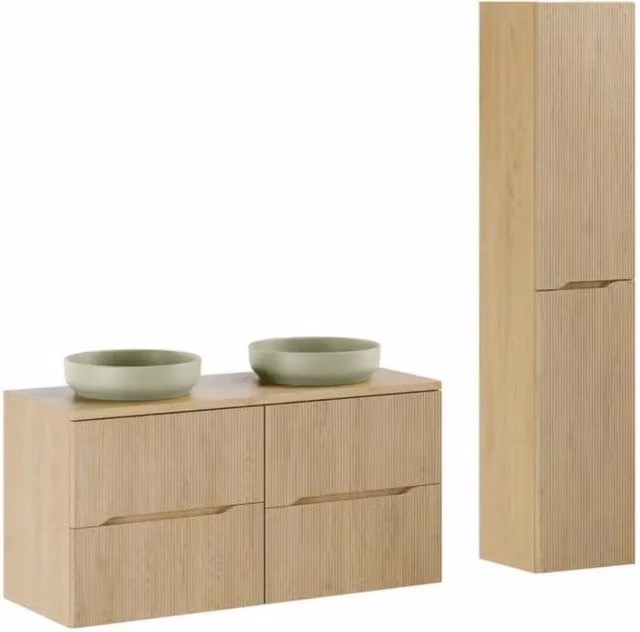 Set bagno Meublorama Natura composto da mobile sottolavabo, piano, lavabi da appoggio rotondi verdi e colonna, finitura rovere opaco, L/P/H: 155 x 60 x 46 cm