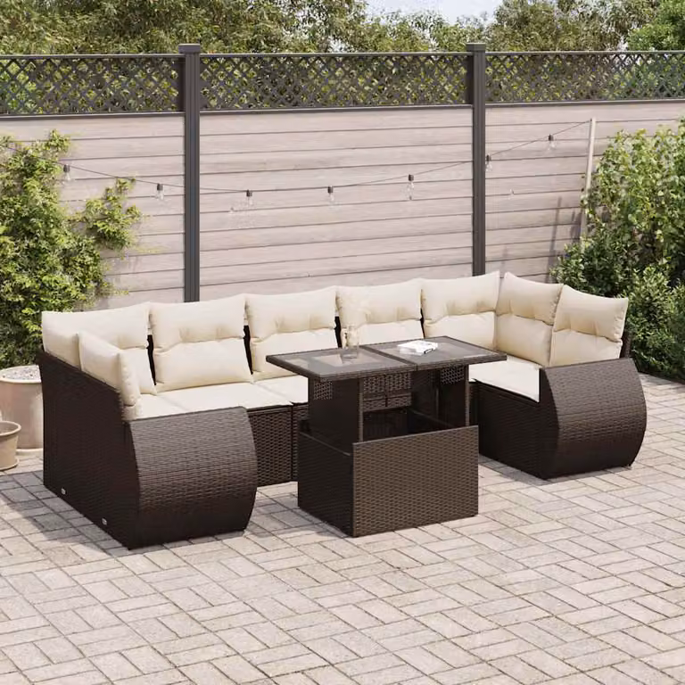Set di divani da giardino vidaXL in polyrattan marrone con cuscini per 8 persone