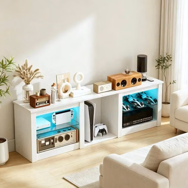 Mobile TV 160 cm con illuminazione LED per TV fino a 70 pollici, con ripiani in vetro regolabili