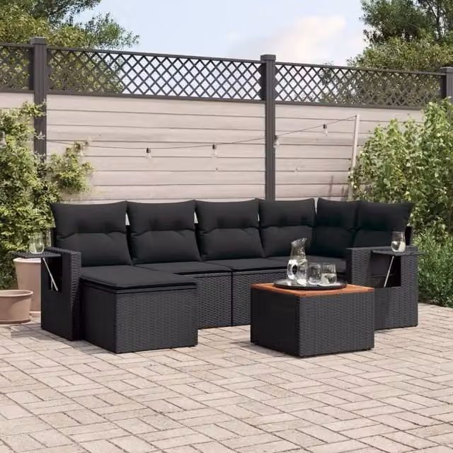 Set Divani da Giardino con Cuscini 7pz Nero Polyrattan 3256993
