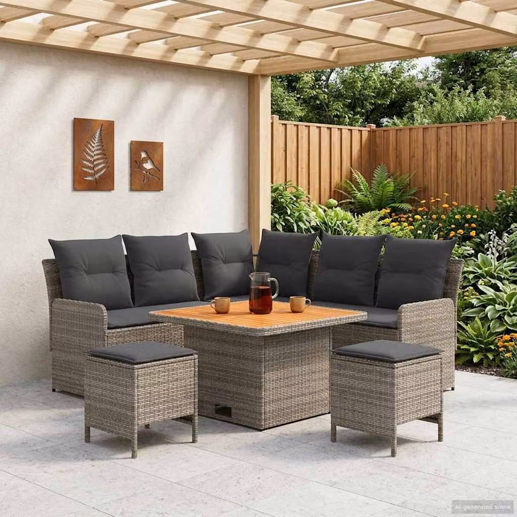Set di mobili da giardino vidaXL in rattan e legno di acacia, 6 pezzi, grigio e antracite, con cuscini inclusi e struttura in acciaio verniciato a polvere