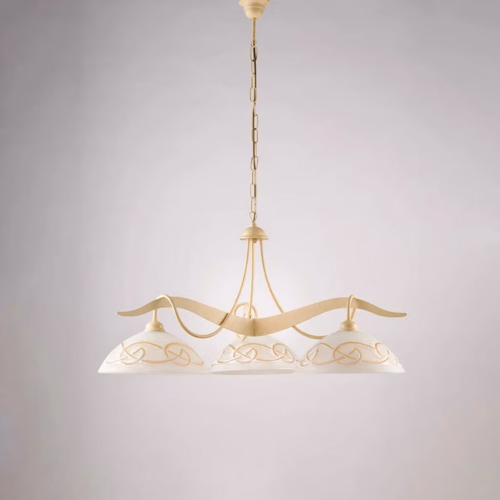 Lampada a sospensione Bilbao Belight con 3 luci in metallo beige e vetro bianco ambra – 2