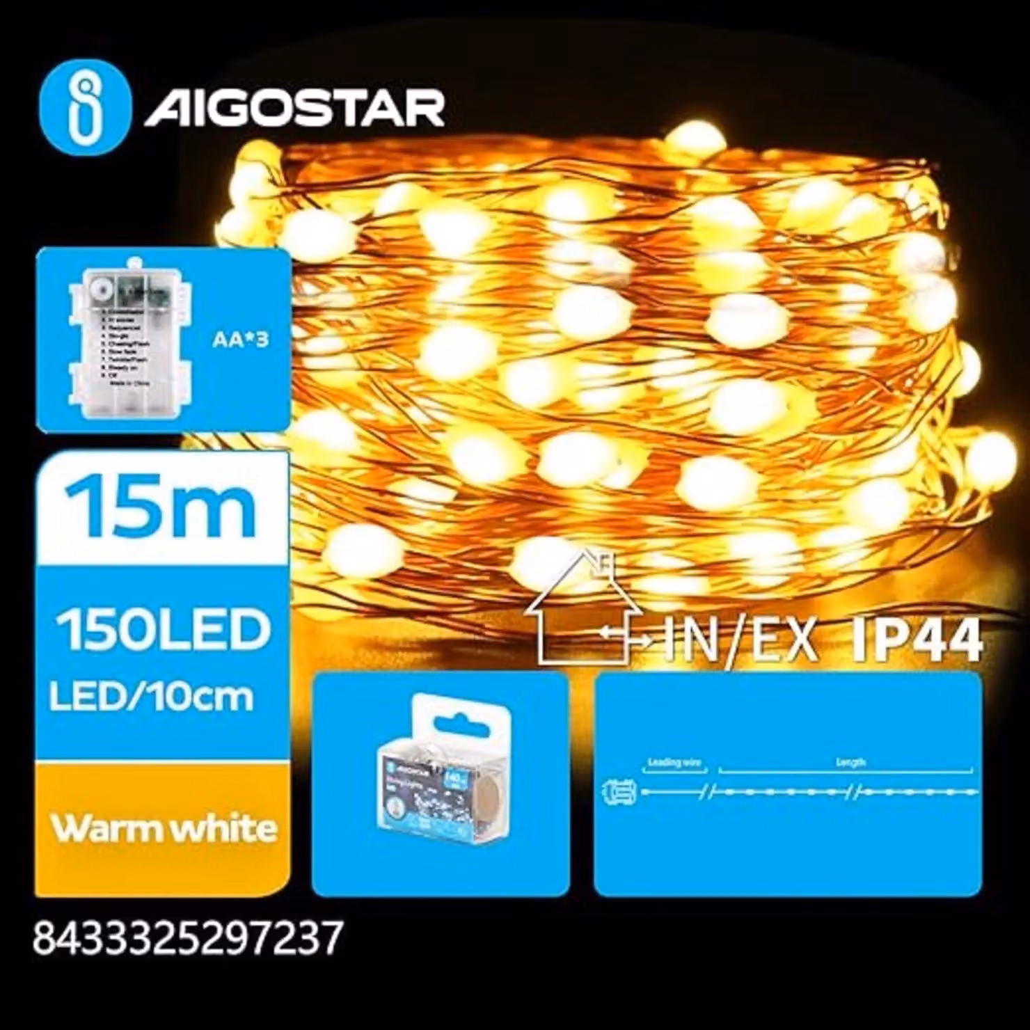 Catena luminosa a LED con filo di rame, 15 metri, luce bianco caldo, 150 LED