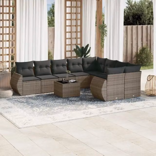 Set Divano da Giardino 10 pz con Cuscini Grigio in Polyrattan 3221849