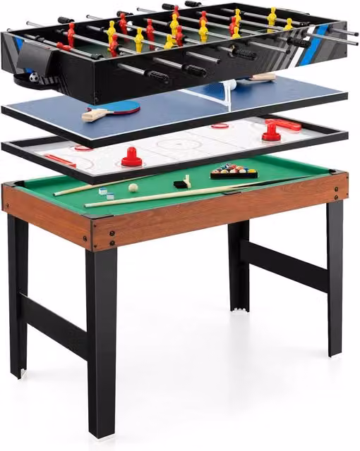 Tavolo Multigioco 4 in 1 Costway con Calcio Balilla, Biliardo, Ping Pong e Air Hockey, L: 125 cm, P: 97 cm, H: 83 cm